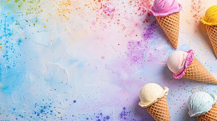 A colorful background with a row of ice cream cones on top