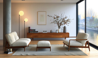 Fototapeta premium Minimalist Living Room Interior Design with Modern Furniture and Natural Light by the Lake