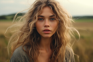 Fototapeta premium A photo of a beautiful young woman in a field