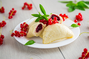 steamed sweet homemade dumplings with berries, red currants