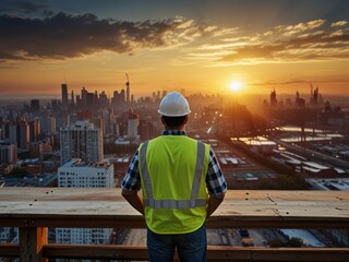 Construction worker overlooking urban building site at sunset