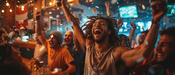 Obraz premium Fans of football team celebrating championship in sports bar 