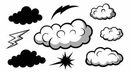 An image with clouds, lightning, stars on a white backdrop