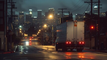 Fototapeta premium A truck drives through a city at night, with illuminated buildings and streetlights reflecting on the wet road, creating a moody atmosphere.
