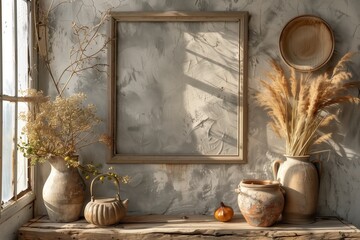 frame mockup, Cozy rustic interior with dried flowers and vintage pots on a wooden shelf, illuminated by natural light through a nearby window.