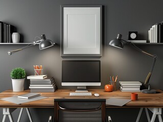 frame mockup, Modern home office with wooden desk, computer, bookshelves, and stylish decor for productivity and inspiration.