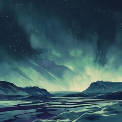 landscape with moon and stars, An illustration of an aurora landscape at night, evoking a cosmic atmosphere.