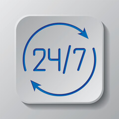 24h hours a day and 7 days a week simple icon vector. Flat design. Paper cut design. Cutted blue symbol with shadow. Gray badge button, gray background