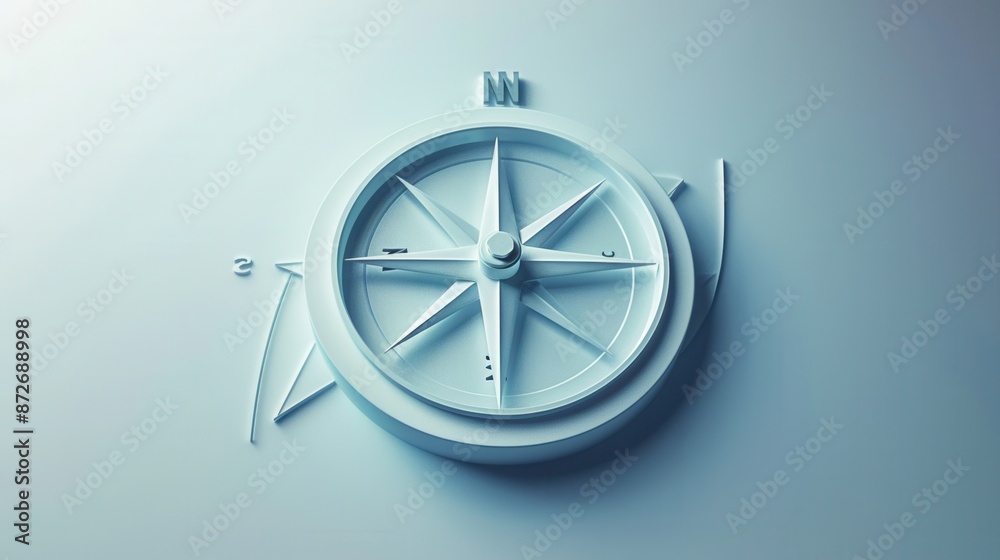 Poster a minimalist compass design featuring a white compass rose on a light blue background. ideal for nav