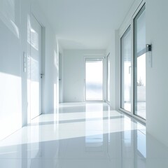 Fototapeta premium The building features a spacious white hallway adorned with many windows and doors, exuding a sense of openness and brightness in its interior design