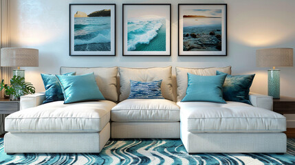 Fototapeta premium Coastal living room with blue accents, white furniture, and ocean-themed decor.