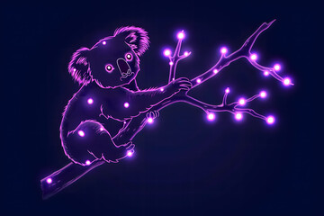 Koala on a tree branch, neon line illustration