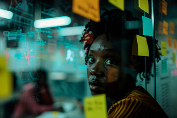 A person is standing behind a glass board covered with colorful sticky notes and complex writings, illustrating a brainstorming session or creative collaboration.