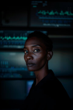 A woman with an intense gaze stands in front of data screens, her expression reflecting determination and focus, emphasizing a high-tech, modern environment.