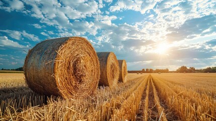 Golden hay bales in a harvested field under a beautiful cloudy sky at sunset.