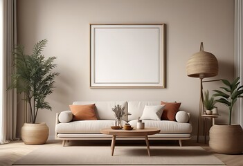 Frame mockup, ISO A paper size. Living room poster mockup. Interior mockup with house white background. Modern interior design. 3D render