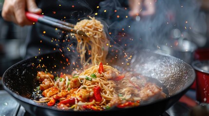 Chef cooks Chinese noodle wok at street food festival