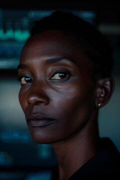 A close-up of a serious woman with short hair, her face illuminated by the screens behind her, highlighting her focused and determined demeanor in a high-tech space.