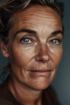 A detailed close-up portrait of a middle-aged woman with penetrating blue eyes, displaying subtle signs of aging and an aura of wisdom and experience.