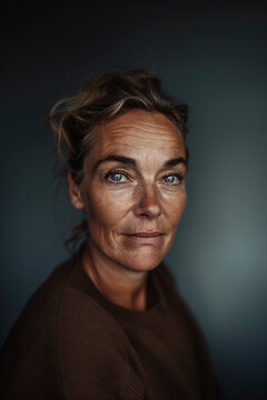 Relaxed close-up portrait of a woman with evident freckles and relaxed facial expression, capturing the natural beauty and serenity in a plain background setting.