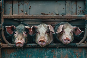 Pigs in truck transport from farm to slaughterhouse. Meat industry. Animal meat market.