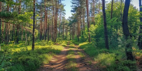 Pine forest panorama in summer. Pathway in the park