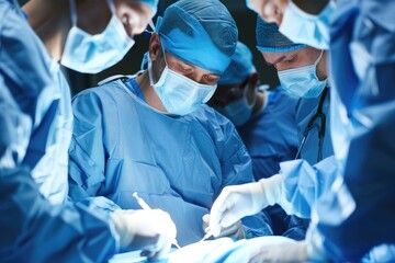Medical team performing surgery under bright surgical lights in operating room.