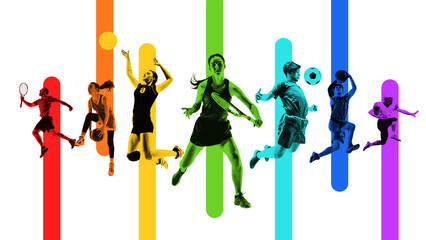 Monochrome set with male and female athletes in motion, playing different sports isolated on white...