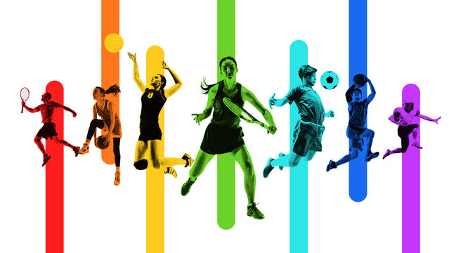 Monochrome set with male and female athletes in motion, playing different sports isolated on white background. Concept of sport, active lifestyle, competition, tournament. Banner for event - Powered by Adobe