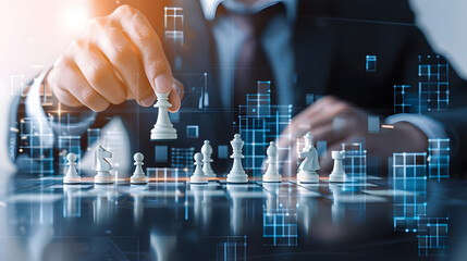Businessman strategizing chess move with futuristic digital overlay, symbolizing strategic planning and decision making in business.