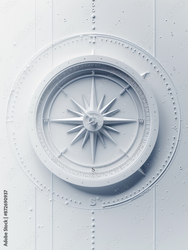 Poster A simple and symbolic image of a compass featuring clear lines against a white background, ideal for navigation apps and travel services. Generative AI