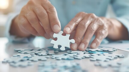 Close-up of a person assembling puzzle pieces, focusing on one piece in hand, symbolizing problem-solving, teamwork, and strategy.