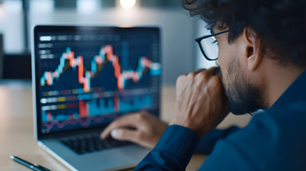 Man analyzing stock market data on laptop screen in office. Focused on tracking stock chart fluctuations and trading investment strategies.