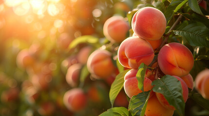 Captivating sight of ripe peaches on a tree branch, their soft, fuzzy skin and lush green leaves illuminated by warm sunlight, ideal for presentations and text overlays.

