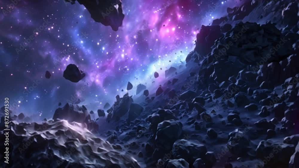 Poster This field of asteroids in outer space with a starry sky in the background.
