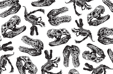 Graphical wallpaper design with dinosaur skulls and skeletons on white, background fossils. Vector illustration