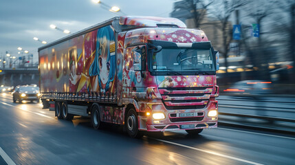 Anime style wrapped truck driving on the road in modern style with anime girl sticker