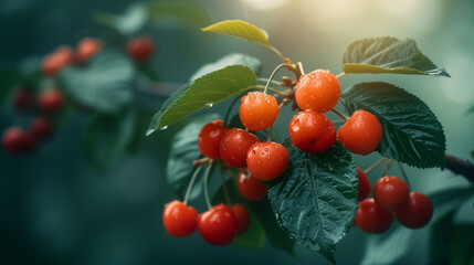 Deep red cherries clustered on a branch, with dark green leaves and a blurred backdrop.

