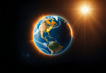 a picture of the earth with the sun shining in the background