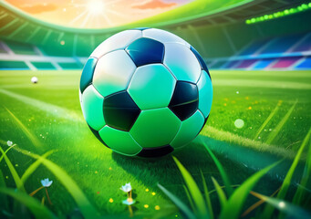 Obraz premium Soccer ball resting on green grass field. Generative AI. 