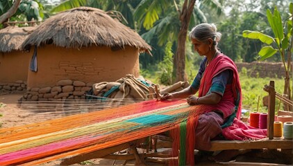 Traditional Indian weaver crafting on handloom in village settingries.