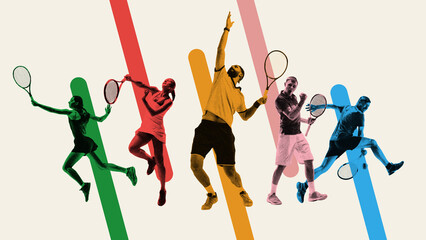 Monochrome athletes, men and women, tennis players in motion with racket, competing for victory...