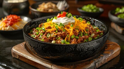 Chili Con Carne with Toppings in a Black Bowl