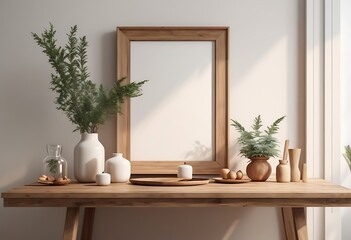 Mock up frame in home interior background, white room with natural wooden table and decor, 3d render