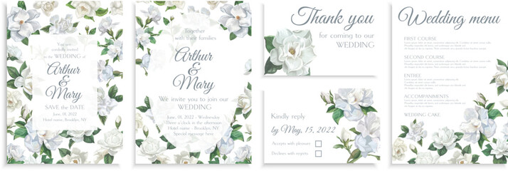 Set of wedding invitations with white gardenia flowers, rsvp, thank you cards, wedding menu
