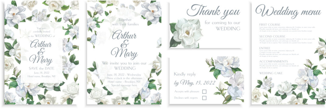 Set of wedding invitations with white gardenia flowers, rsvp, thank you cards, wedding menu