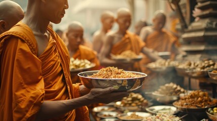 women Make merit by offering food to monks on important Buddhist days generative ai 