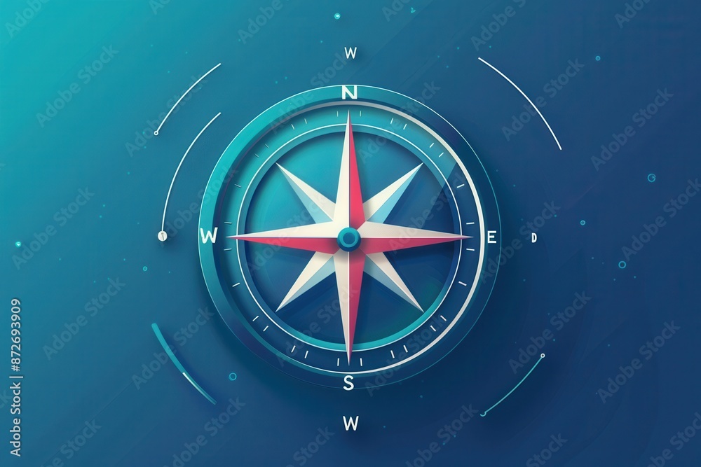 Fototapete A simple compass with clear lines against a blue background, perfect for navigation apps and travel services. Generative AI