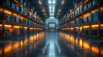 Modern Warehouse Interior with Shelves and Boxes - Generative AI