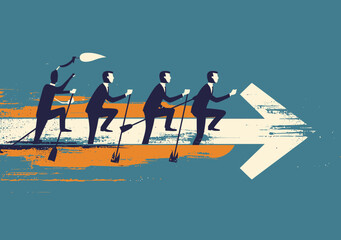 Fototapeta premium Business Team Rowing Together Towards Success on an Arrow Path, Illustrating Corporate Teamwork and Collective Effort in Progress, Minimalistic Vector Artwork in Dark and Light Tones